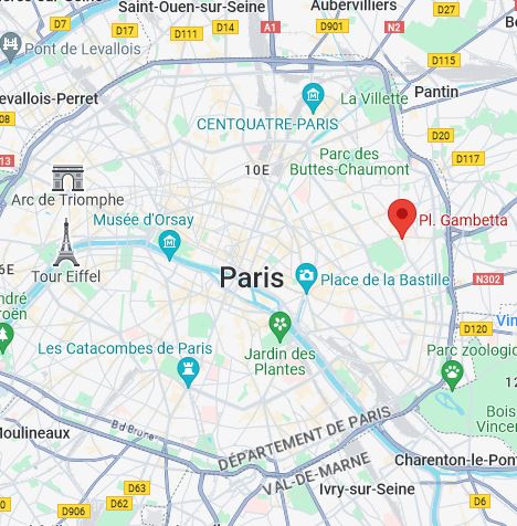 Plan de paris montrant la place Gambetta dans la partie Est de Paris.